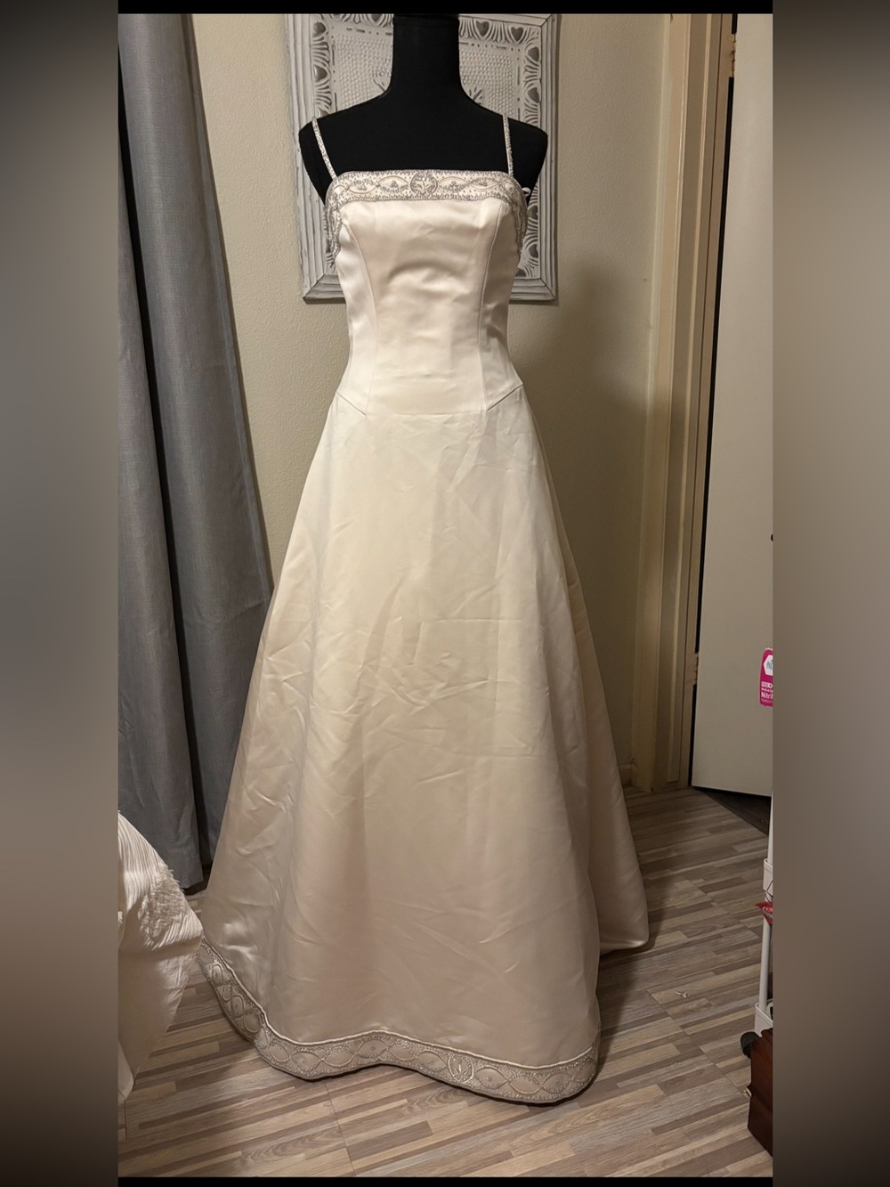 Beaded Trim Ivory Satin A-Line Wedding Dress